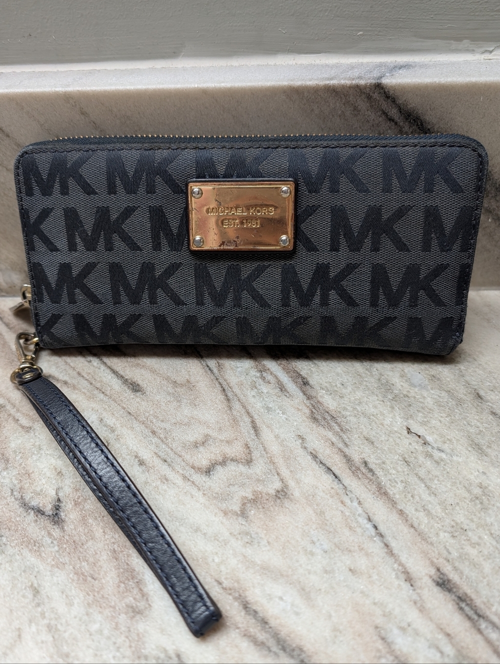 Michael Kors Black MK Monogram Zip Wristlet Wallet with Gold Plate